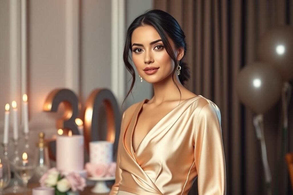 Woman in a satin cowl neck midi dress for 30th birthday