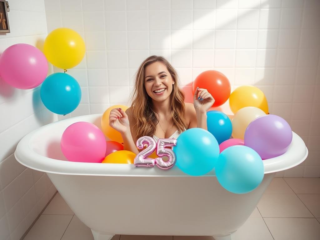 Woman in bathtub filled with balloons for 25th birthday photoshoot