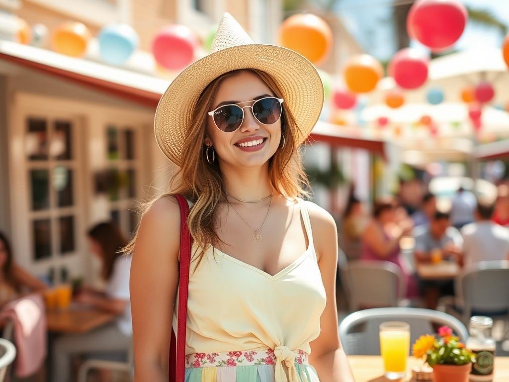 Woman in bright daytime outfit for birthday brunch