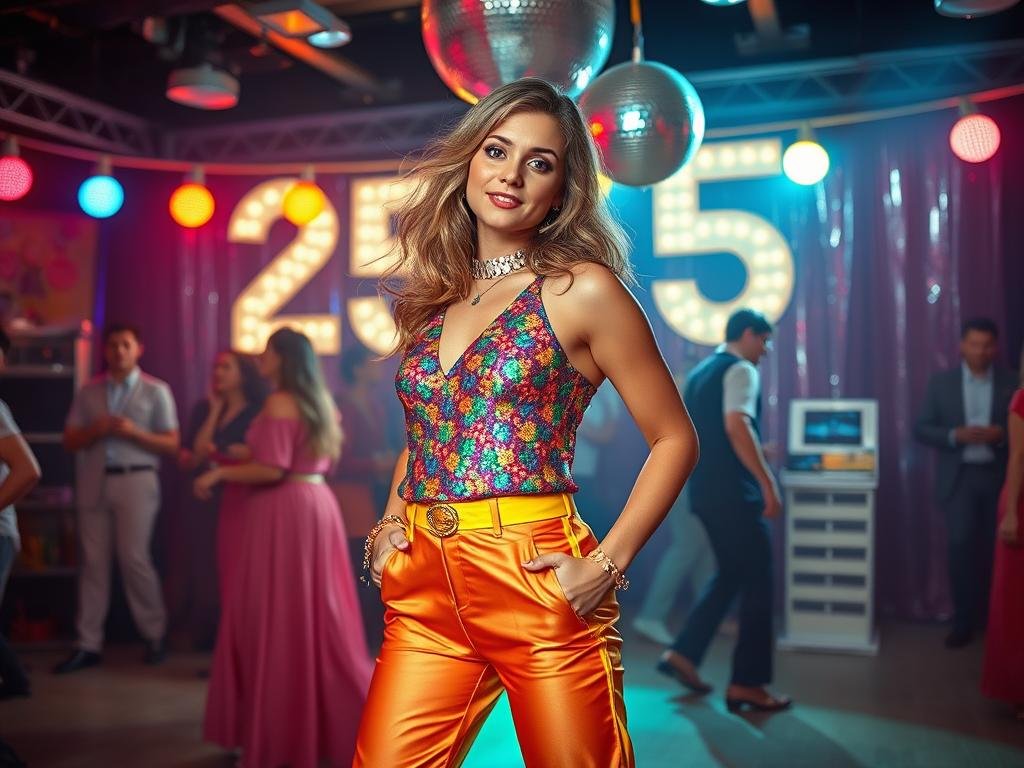 Woman in colorful disco-inspired outfit for 70s themed 25th birthday party