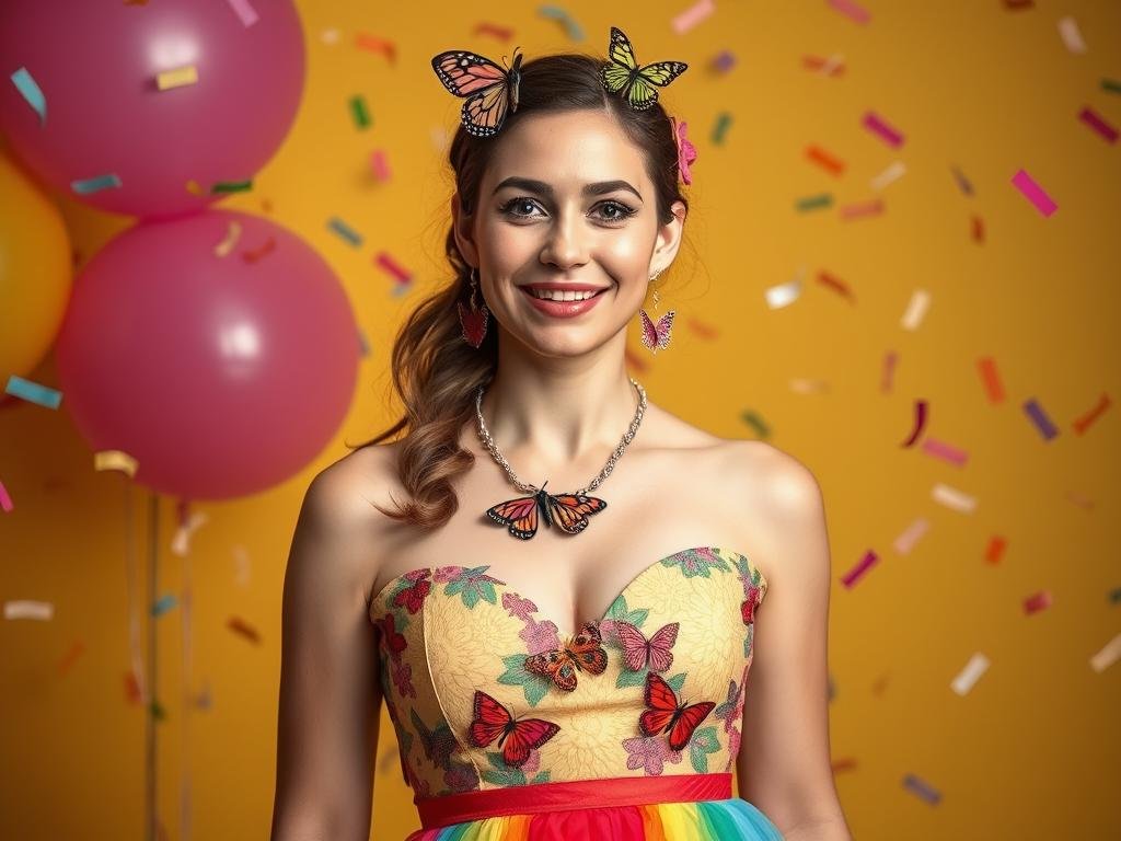Woman in colorful dress with butterfly accessories for a 30th birthday photoshoot inspired by 13 Going on 30 movie Woman in colorful dress with butterfly accessories for a 30th birthday photoshoot inspired by 13 Going on 30 movie