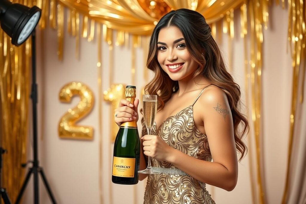 Woman in elegant dress posing with champagne for 21st birthday photoshoot