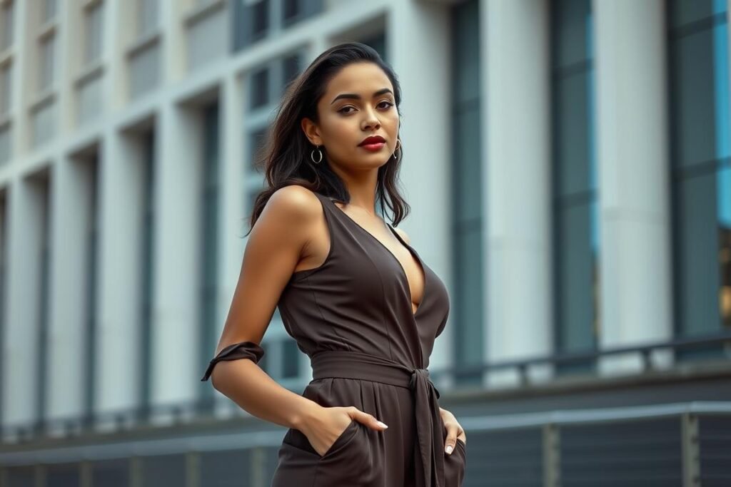 Woman in elegant jumpsuit for 23 birthday photoshoot