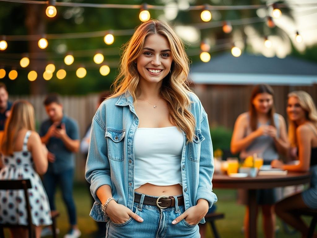 Woman in elevated casual outfit for backyard 25th birthday party
