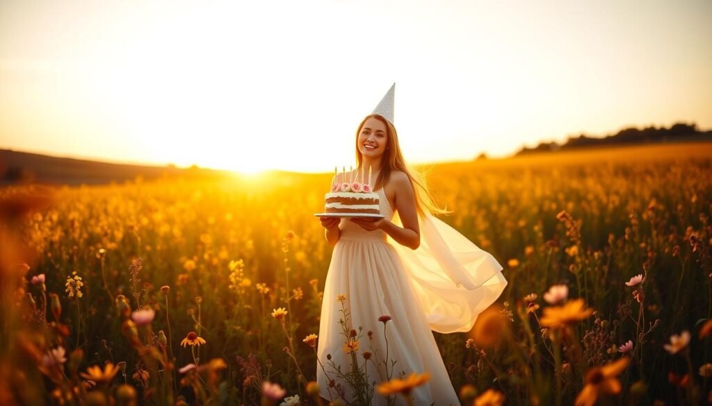 Woman in flowing dress in flower field for 22 birthday ideas photo shoot