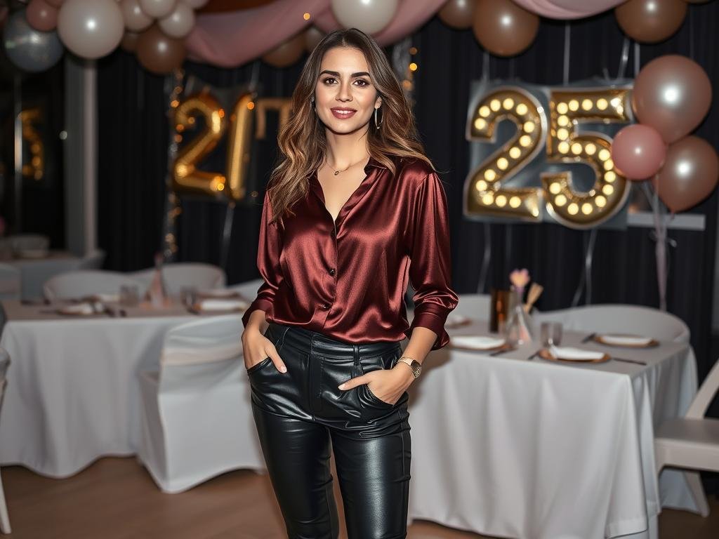 Woman in leather pants and silk blouse for 25th birthday celebration