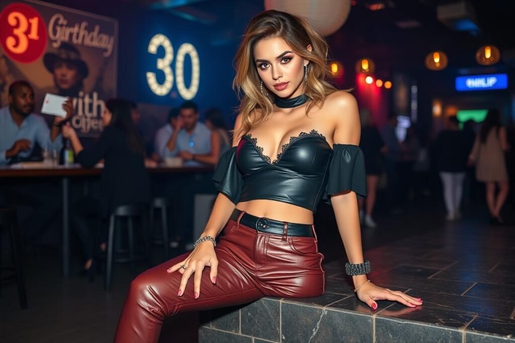 Woman in leather pants and statement top for 30th birthday