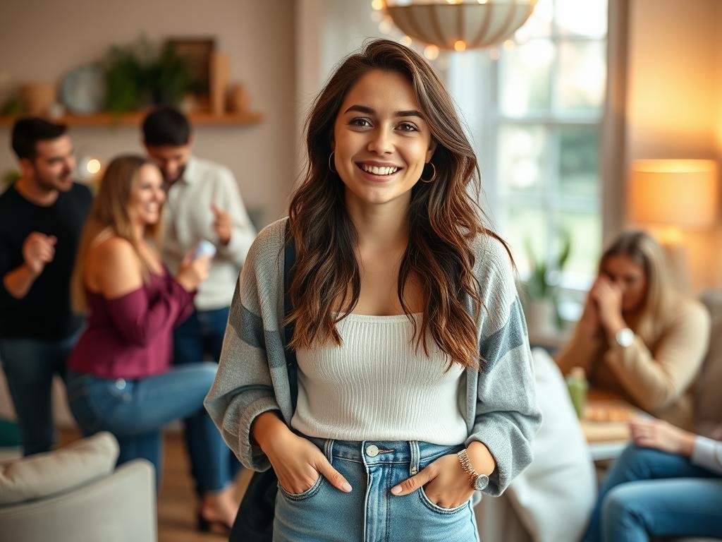 Woman in stylish casual outfit for birthday gathering