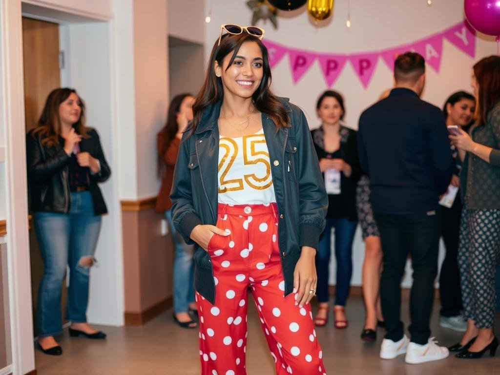 Woman in stylish outfit created from existing wardrobe pieces for 25th birthday