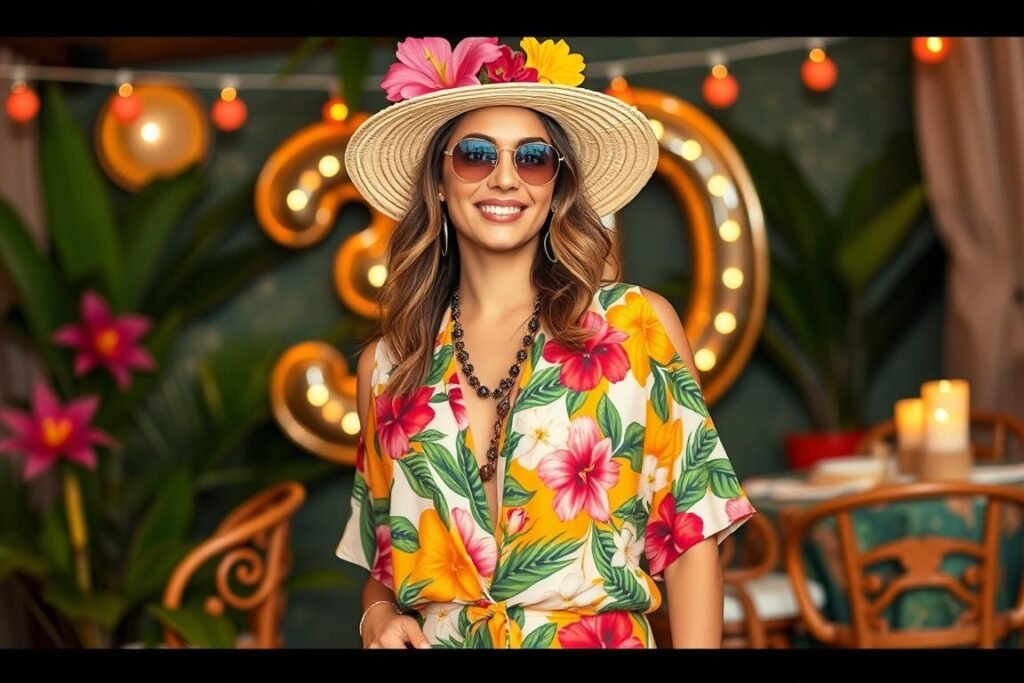 Woman in tropical-themed outfit for 30th birthday party