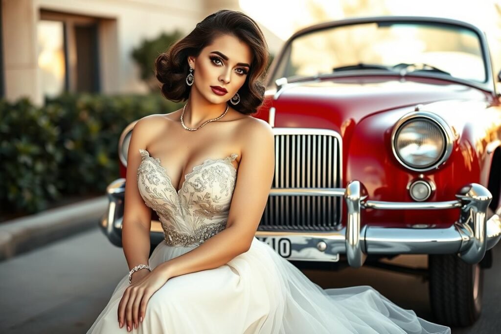Woman in vintage-inspired gown posing with classic car for a glamorous 30th birthday photoshoot Woman in vintage-inspired gown posing with classic car for a glamorous 30th birthday photoshoot