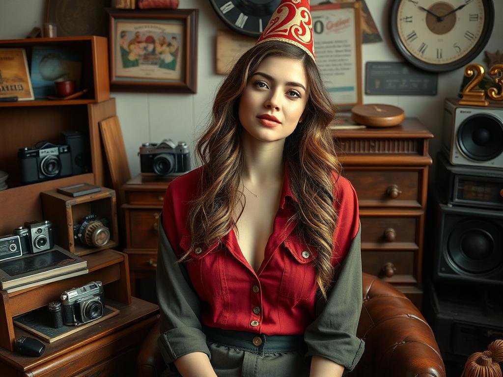 Woman in vintage-inspired outfit for 23 birthday photoshoot with retro props