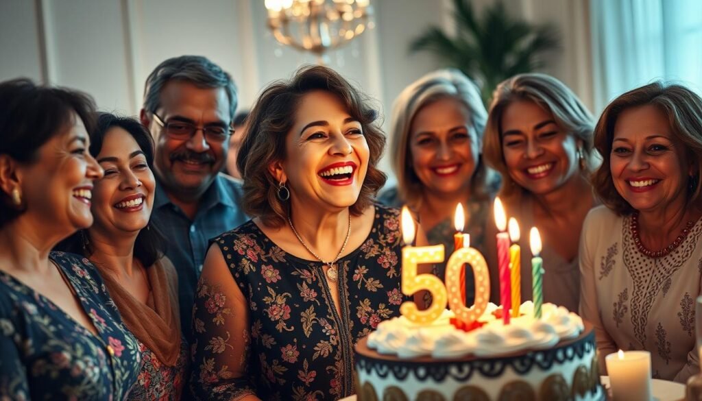 Woman joyfully celebrating her 50th birthday surrounded by loved ones