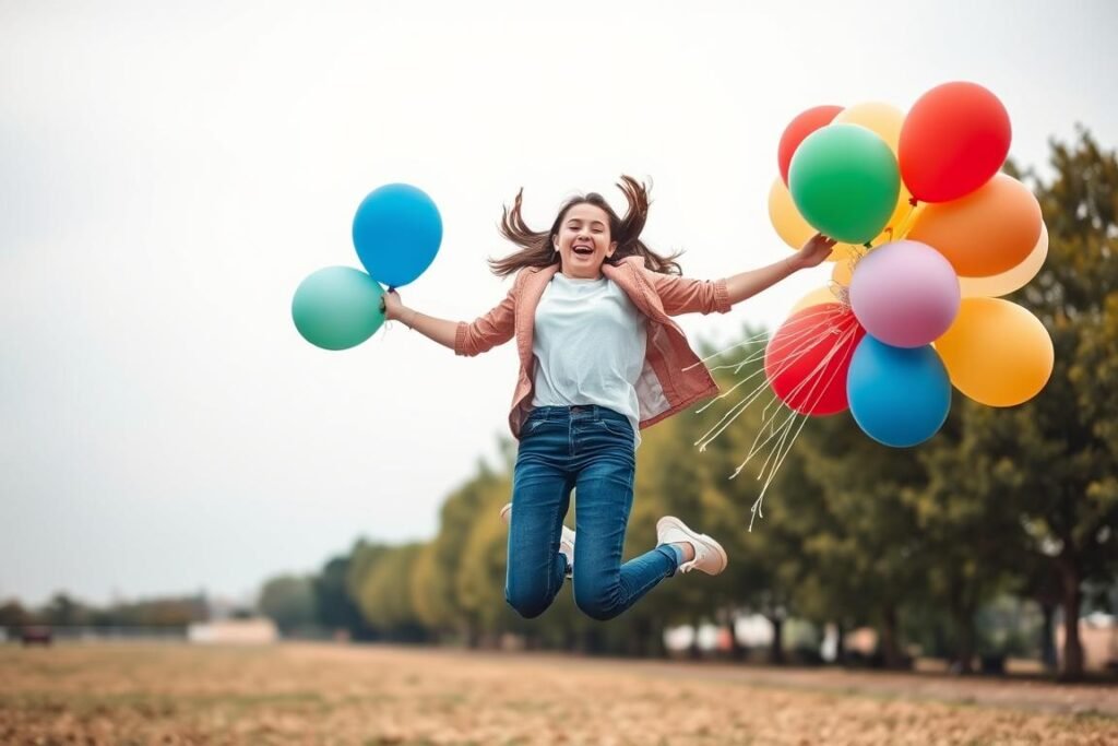 Woman jumping joyfully with balloons for 23 birthday photoshoot