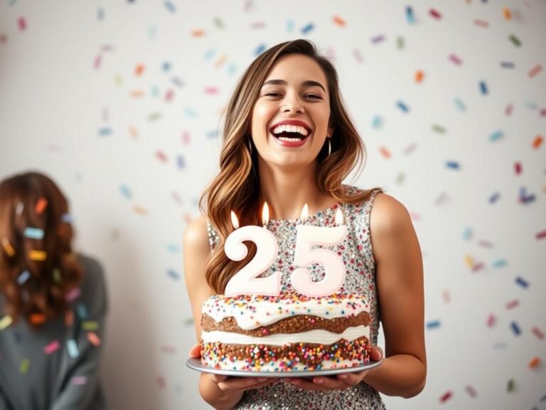 Woman laughing while holding a birthday cake with 25 candles for 25th birthday captions instagram