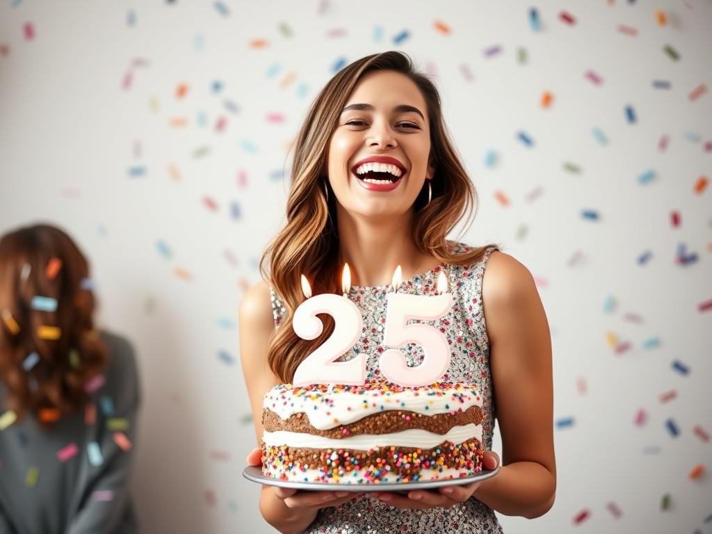 Woman laughing while holding a birthday cake with 25 candles for 25th birthday captions instagram