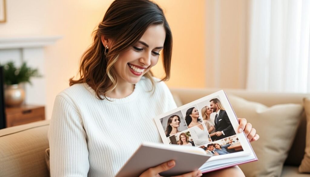 Woman looking at printed photos from her 30th birthday photoshoot displayed in album Woman looking at printed photos from her 30th birthday photoshoot displayed in album