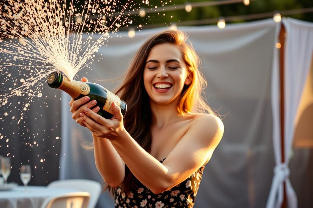 Woman popping champagne bottle for 23 birthday photoshoot