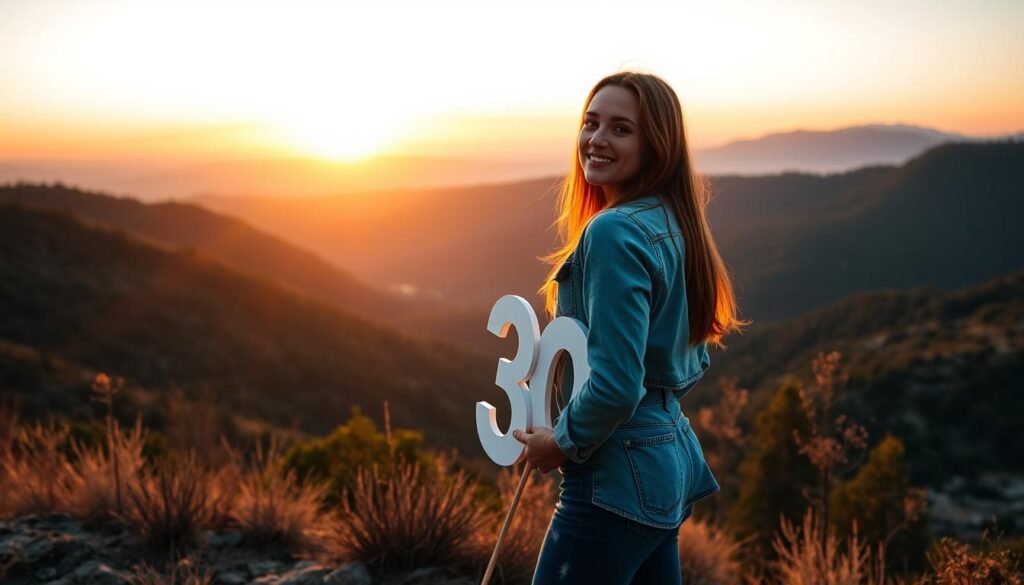 Woman posing during golden hour at a scenic overlook for her 30th birthday photoshoot in nature Woman posing during golden hour at a scenic overlook for her 30th birthday photoshoot in nature