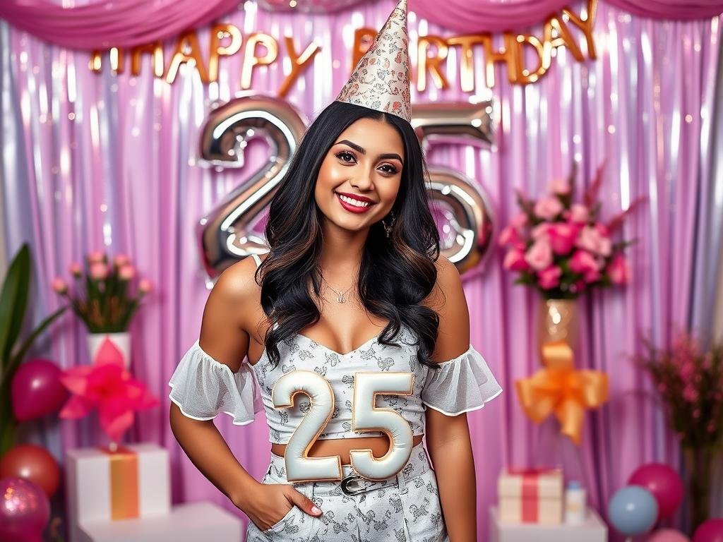 Woman posing in 25th birthday outfit against aesthetic background