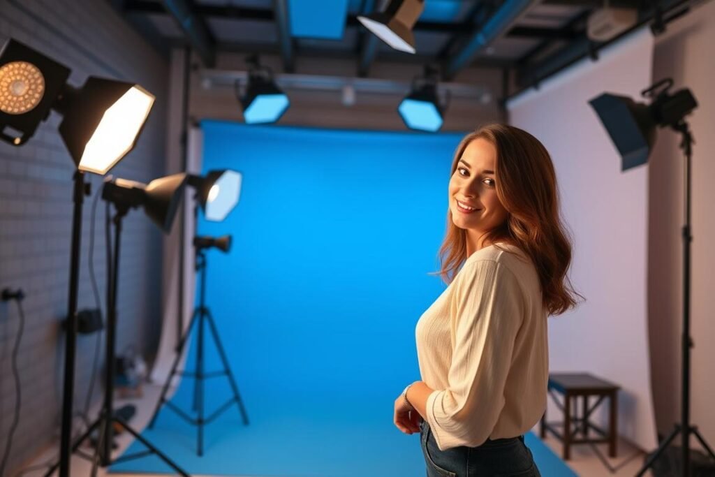 Woman posing in professional studio with lighting equipment for 30th birthday photoshoot Woman posing in professional studio with lighting equipment for 30th birthday photoshoot