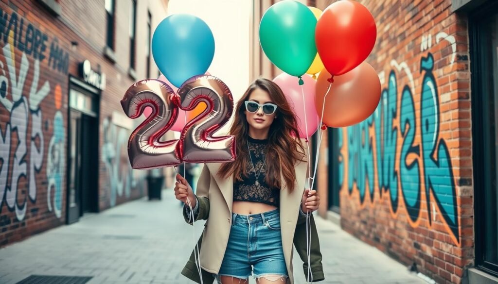 Woman posing in urban setting with birthday balloons for 22 birthday ideas photo shoot