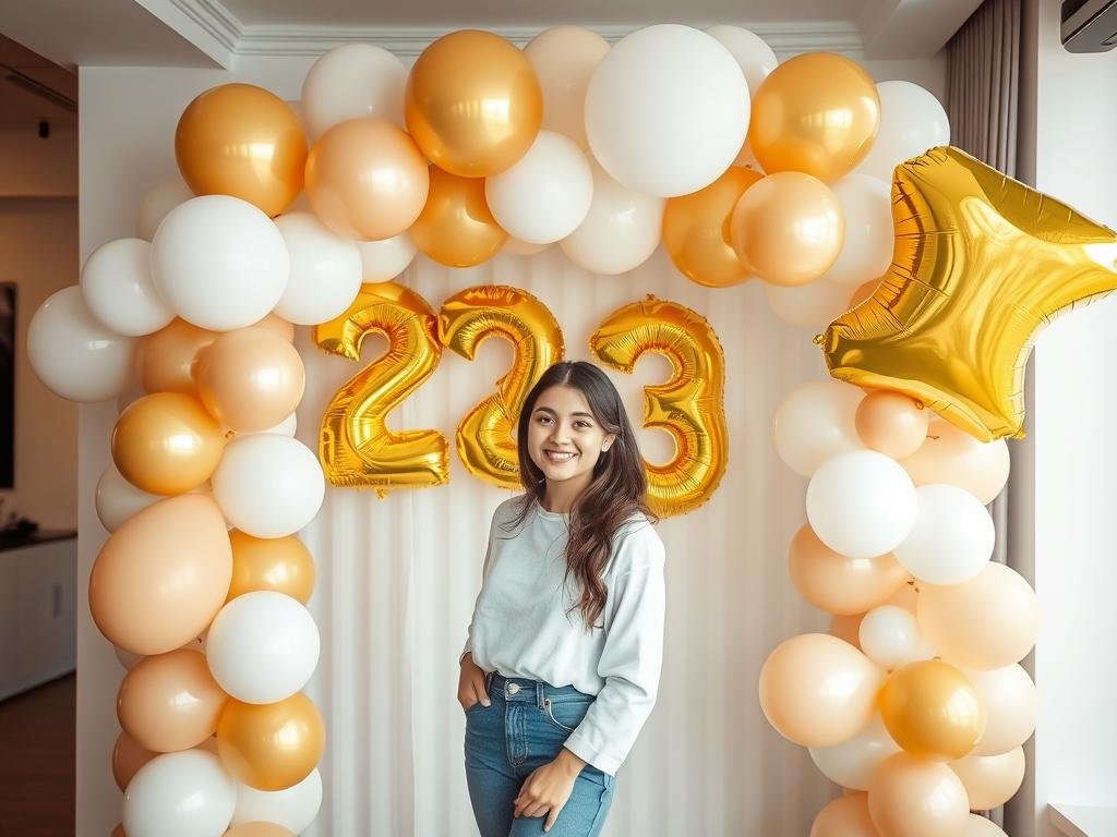 Woman posing with elaborate balloon arrangement for 23 birthday photoshoot