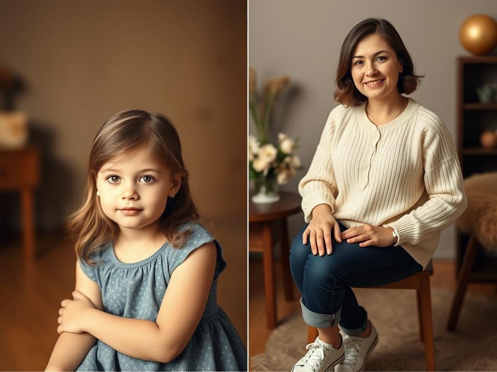 Woman recreating childhood photo for 25th birthday photoshoot