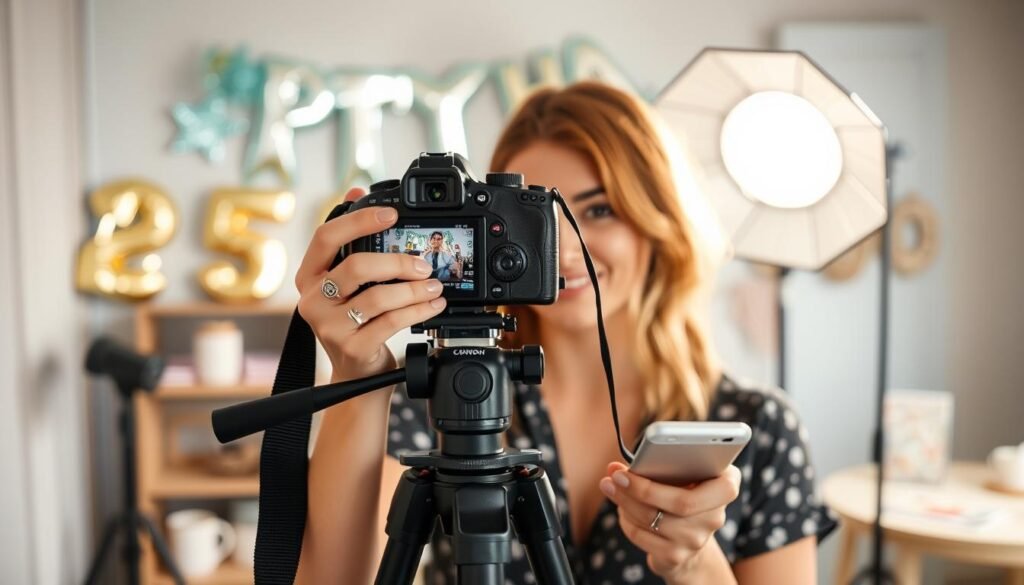 Woman setting up camera on tripod for DIY 25th birthday photoshoot Woman setting up camera on tripod for DIY 25th birthday photoshoot