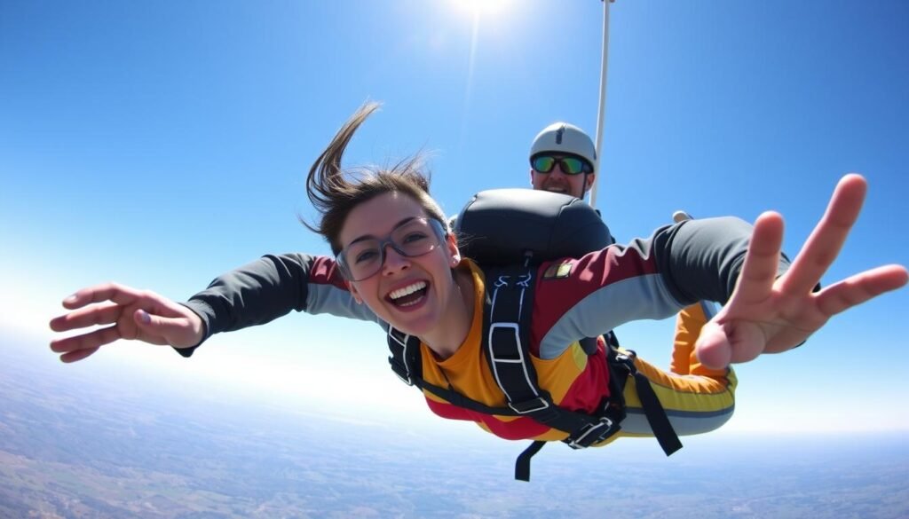 Woman skydiving to celebrate her 30th birthday, experiencing the ultimate adventure