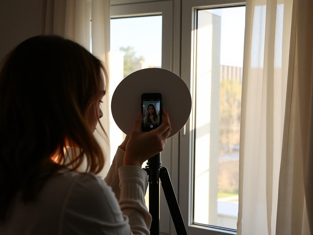 Woman using natural window light for 25th birthday self-portrait