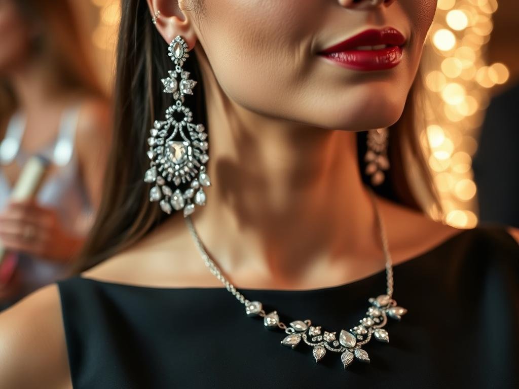 Woman wearing statement jewelry with simple dress for 25th birthday