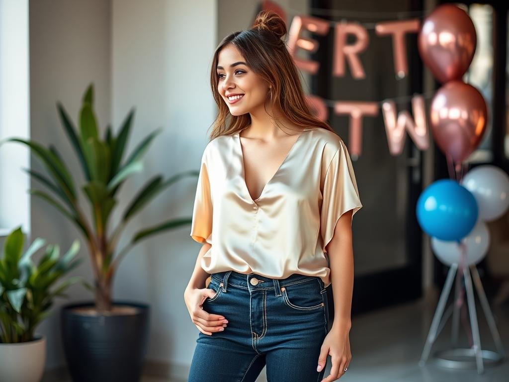 Woman wearing stylish jeans and statement top for casual 25th birthday celebration