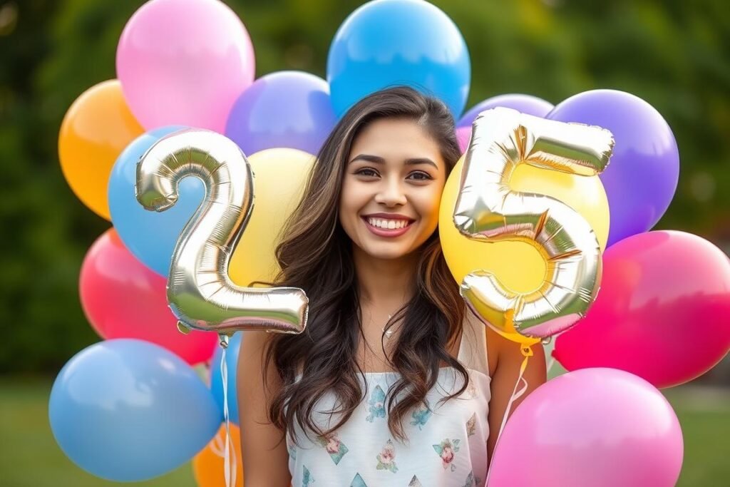 Woman with 25 balloons for birthday photoshoot