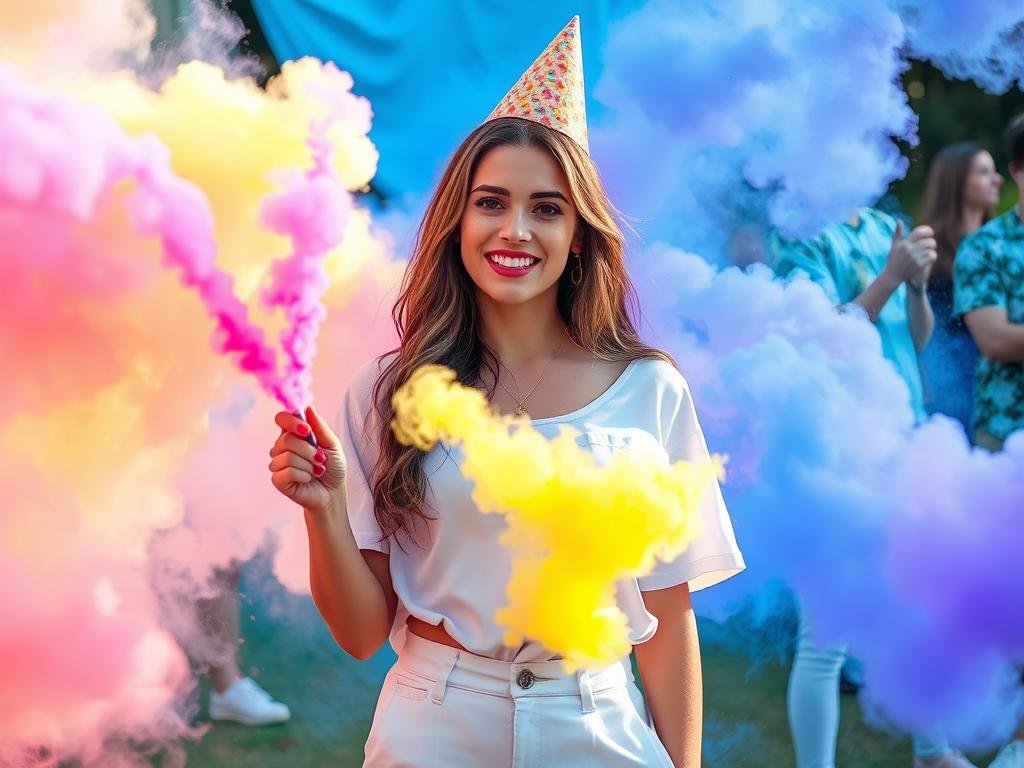 Woman with colorful smoke bombs for 22 birthday ideas photo shoot