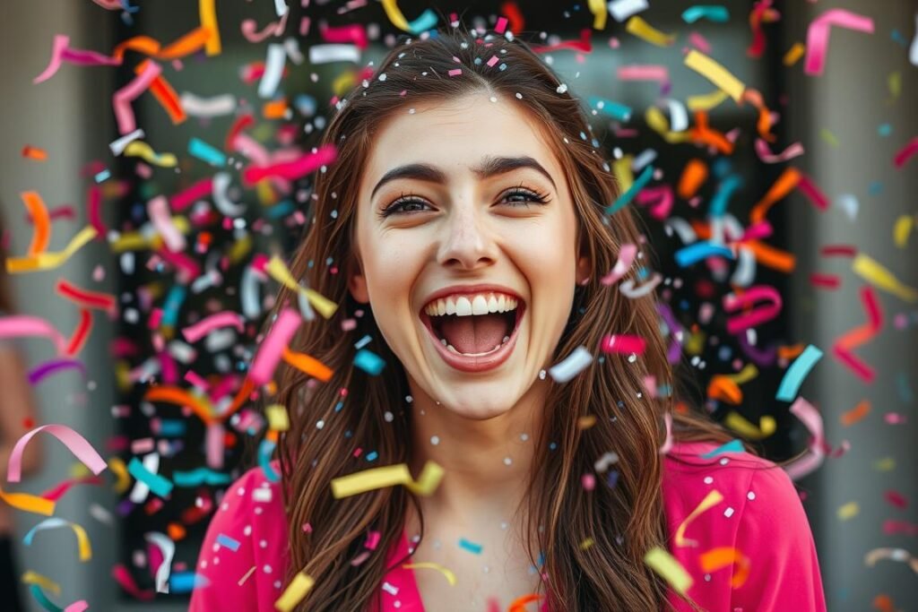 Woman with confetti explosion for 25th birthday photoshoot