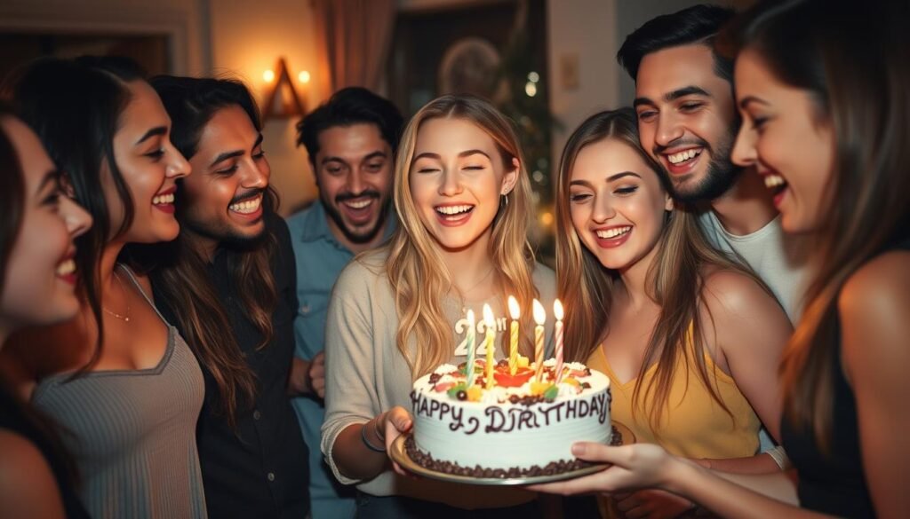 Woman with friends holding birthday cake for 22 birthday ideas photo shoot
