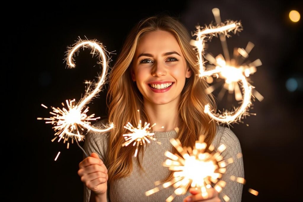 Woman with sparklers for 25th birthday night photoshoot