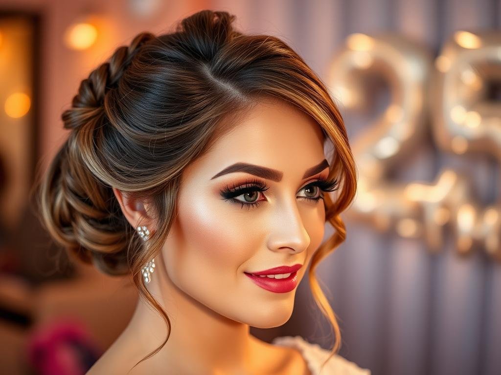 Woman with styled hair and makeup for 25th birthday celebration