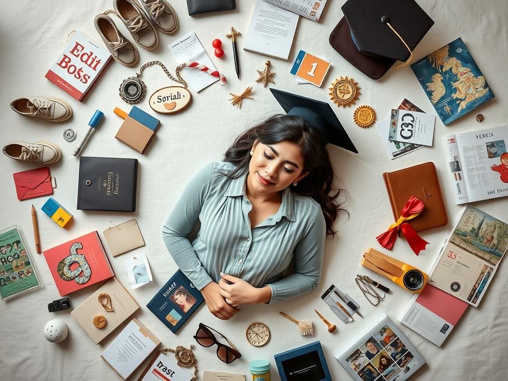 Woman with timeline of life objects for 25th birthday photoshoot