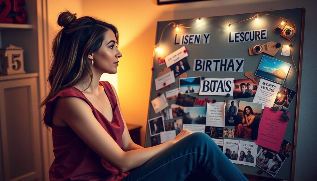Woman with vision board for 25th birthday future goals photoshoot