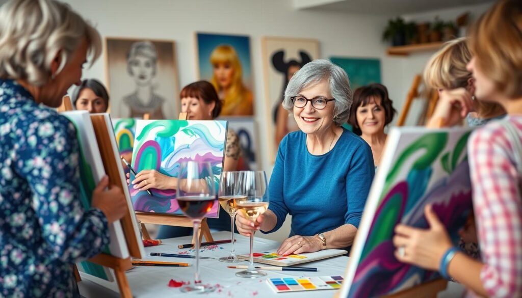 Women enjoying a painting workshop for 50th birthday