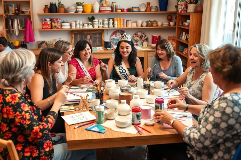 Women enjoying a pottery painting craft party for a 30th birthday celebration