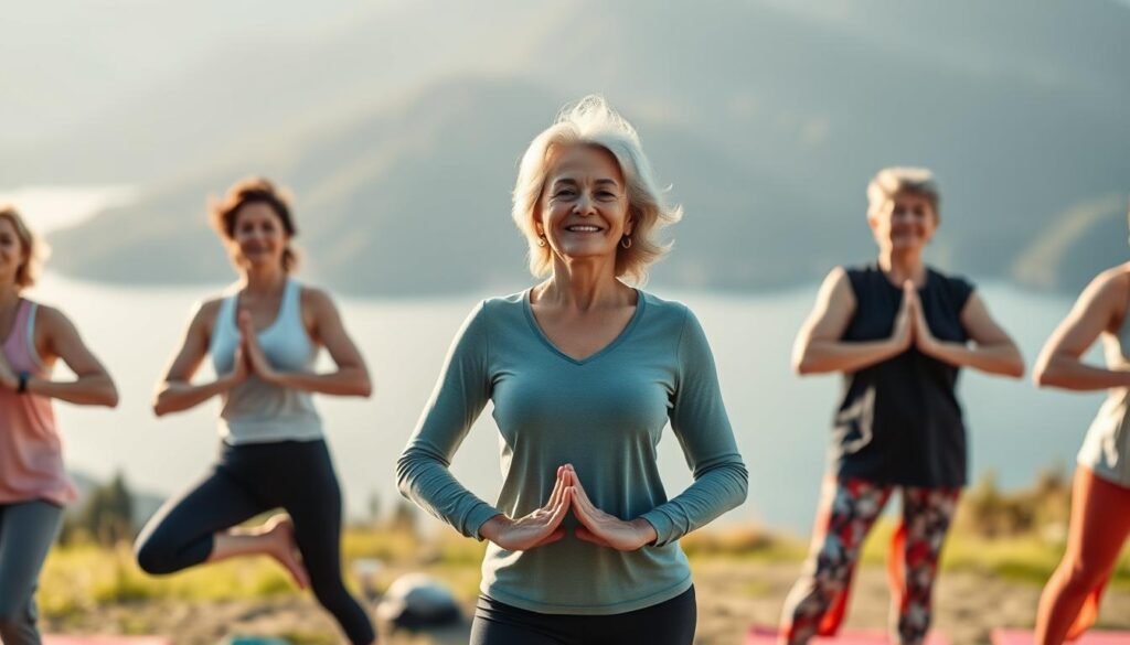 Women enjoying a yoga retreat for a 50th birthday celebration