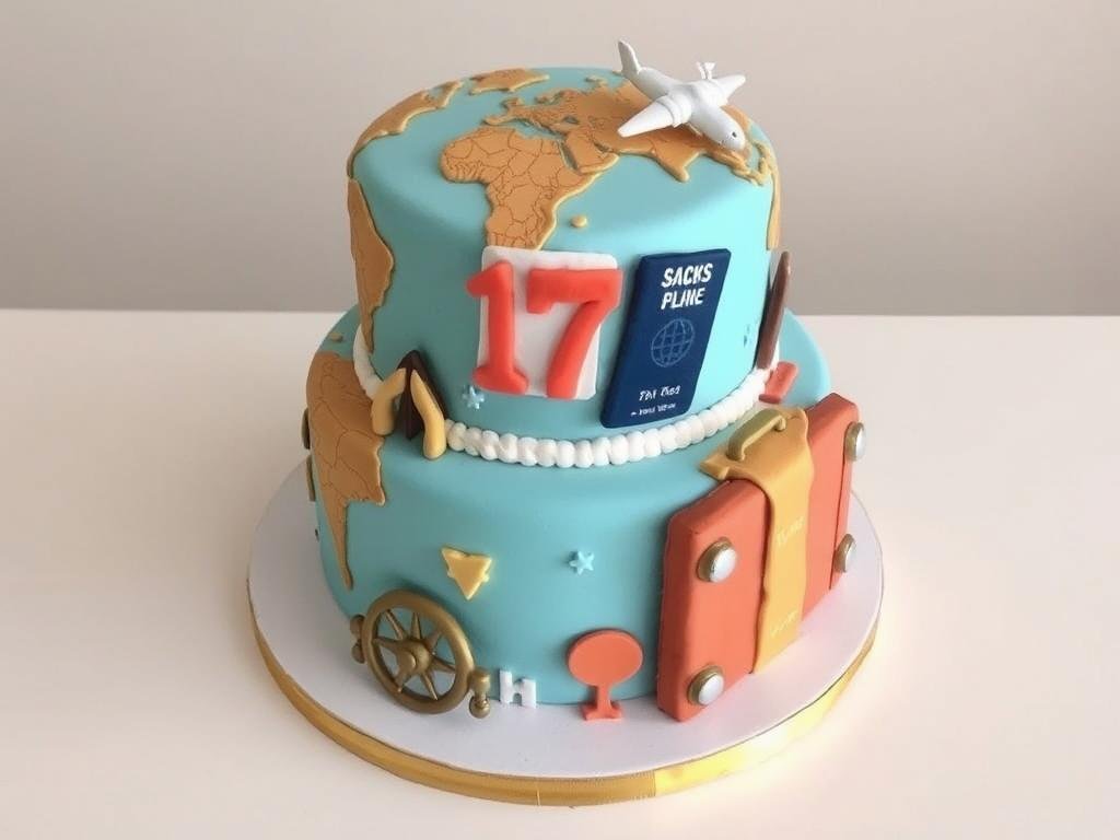 World travel themed cake with map, compass, and destination elements World travel themed cake with map, compass, and destination elements