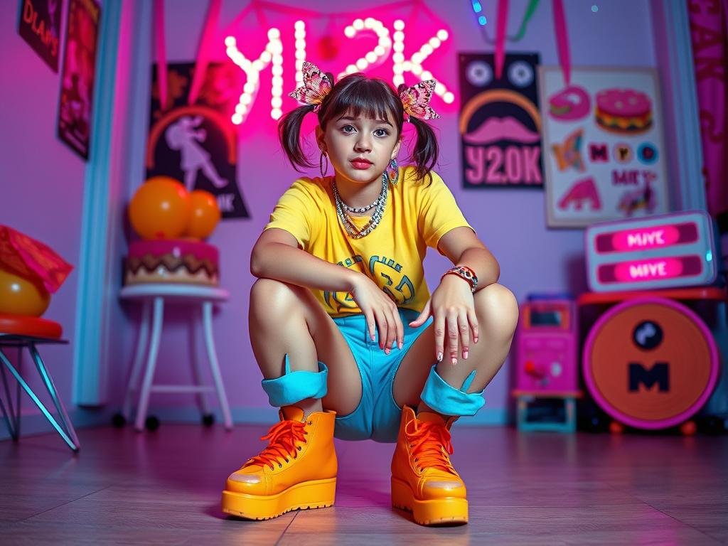 Y2K themed 19th birthday photoshoot with butterfly clips and bright colors