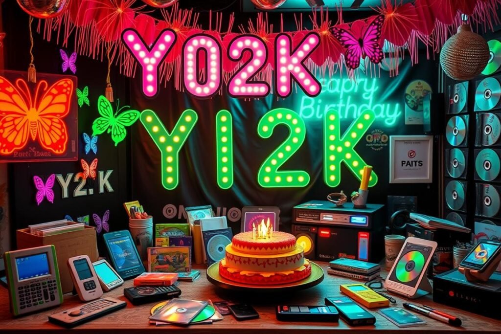 Y2K themed 20th birthday party with 2000s decorations and memorabilia