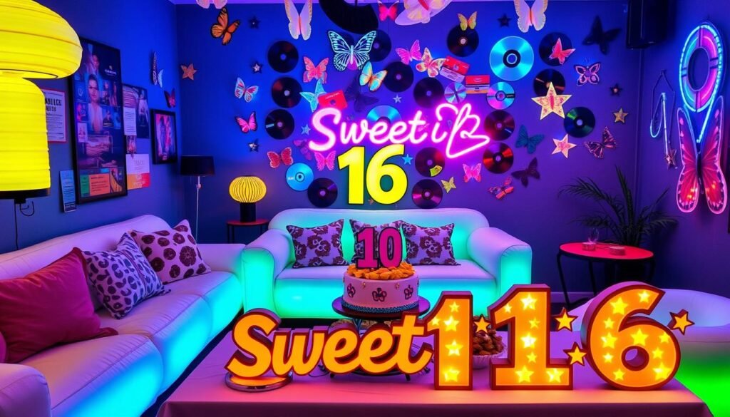 Y2K themed Sweet 16 party with 2000s decorations, butterfly clips, and nostalgic elements