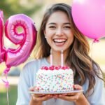 Young woman celebrating her 19th birthday with balloons and a cake during a photoshoot