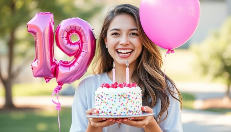 Young woman celebrating her 19th birthday with balloons and a cake during a photoshoot